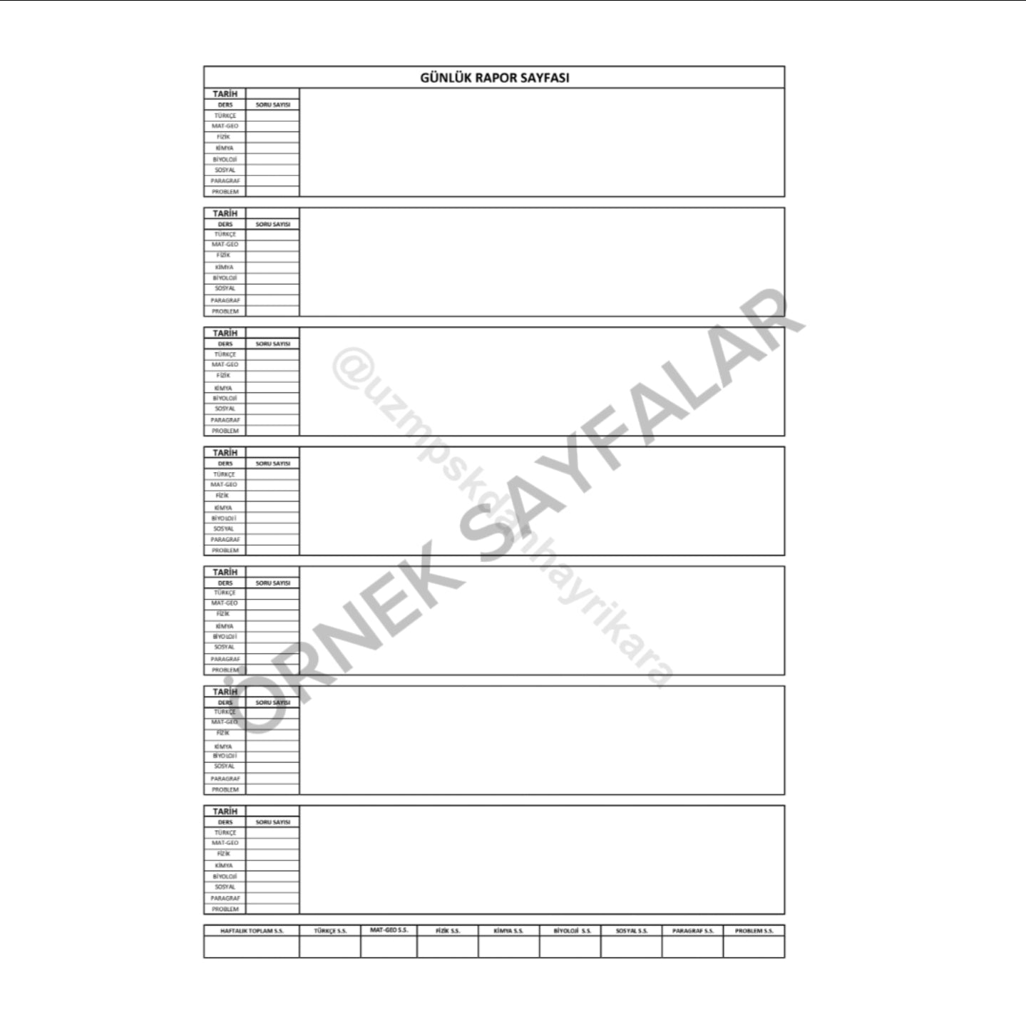 SAYISAL ALAN DERS ÇALIŞMA TAKİP ÇİZELGESİ