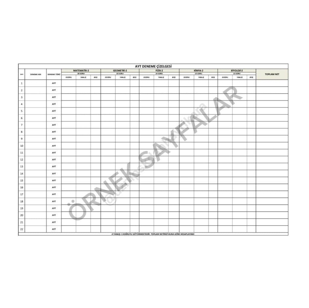 SAYISAL ALAN DERS ÇALIŞMA TAKİP ÇİZELGESİ