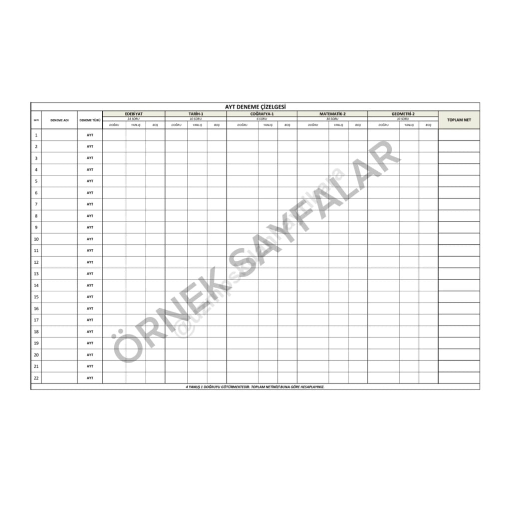 EŞİT AĞIRLIK ALANI DERS ÇALIŞMA TAKİP ÇİZELGESİ