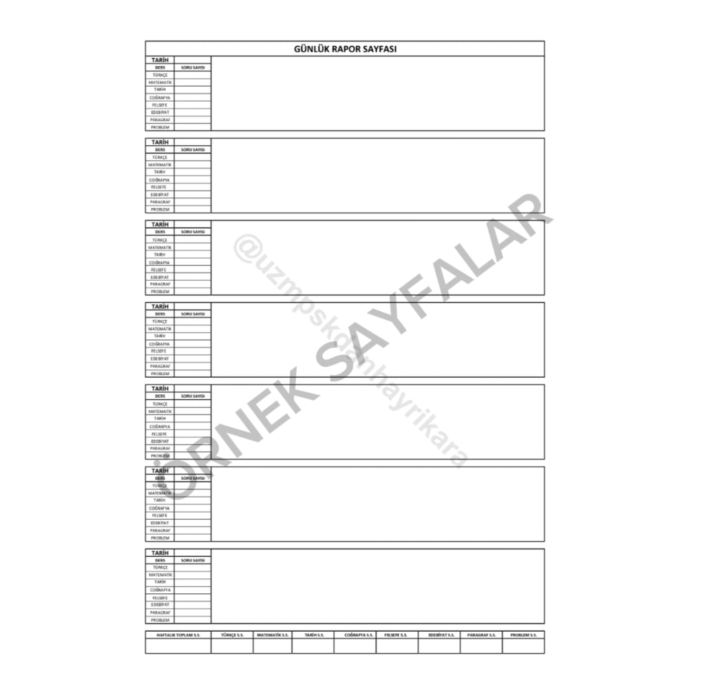 SÖZEL ALANI DERS ÇALIŞMA TAKİP ÇİZELGESİ