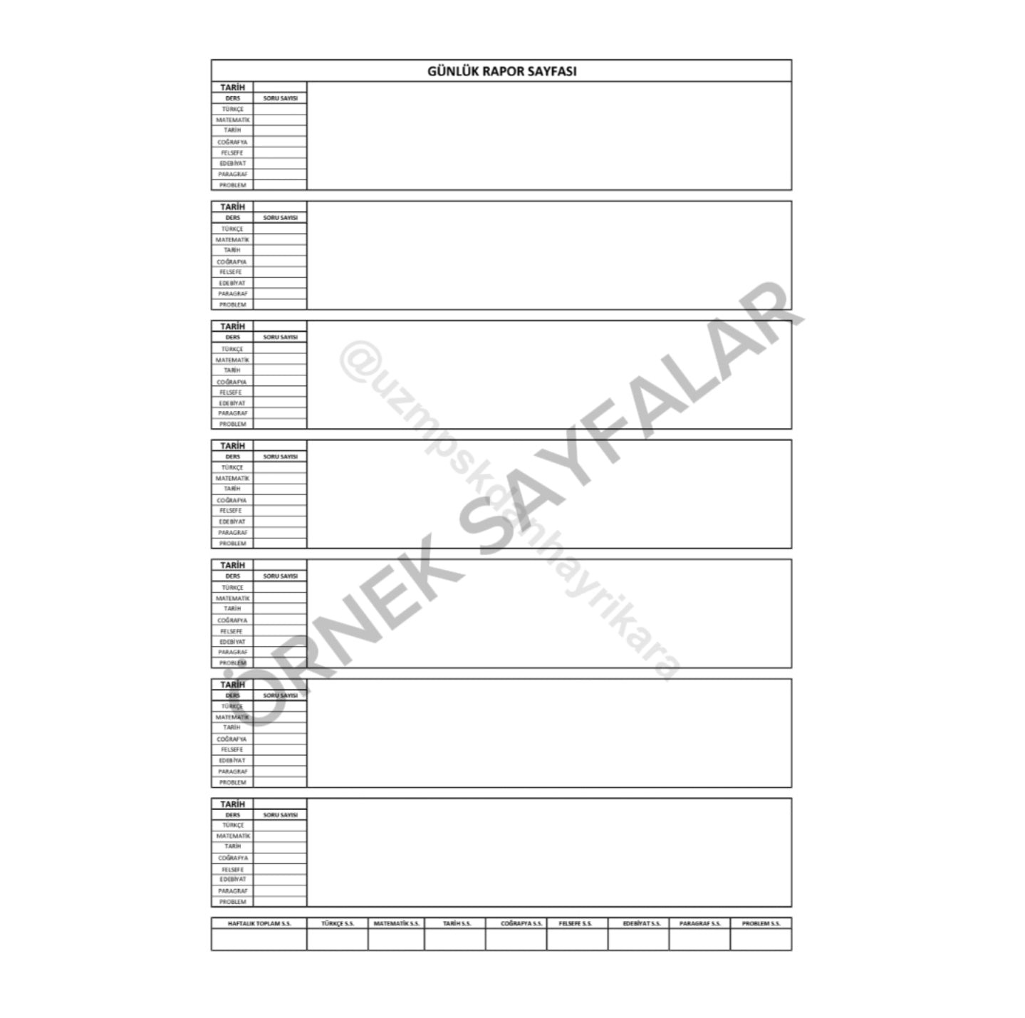 SÖZEL ALANI DERS ÇALIŞMA TAKİP ÇİZELGESİ